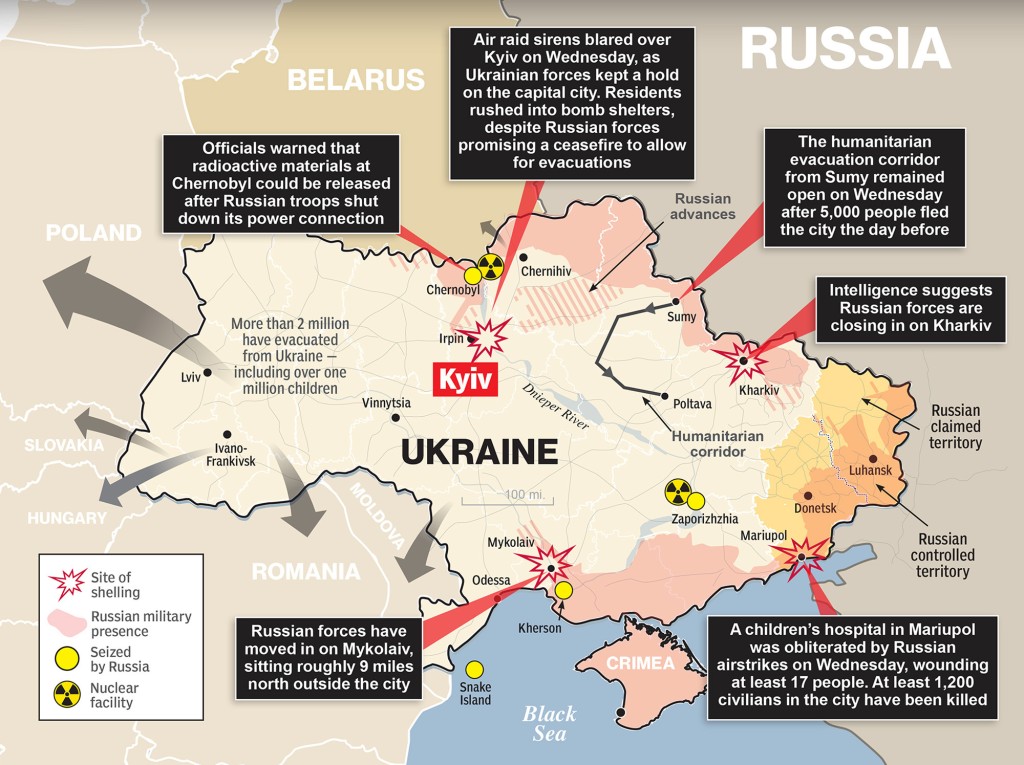 Мапа која приказује регионе Украјине којима прети руска инвазија.