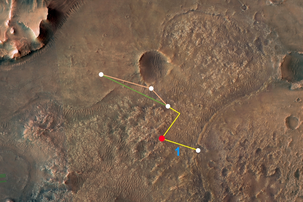 Ова означена слика изнад главе са НАСА-иног Марс Екплоратион Орбитера (МРО) приказује више летова - и две различите руте - иновативни хеликоптер агенције за Марс могао би да стигне до делте кратера Језеро.