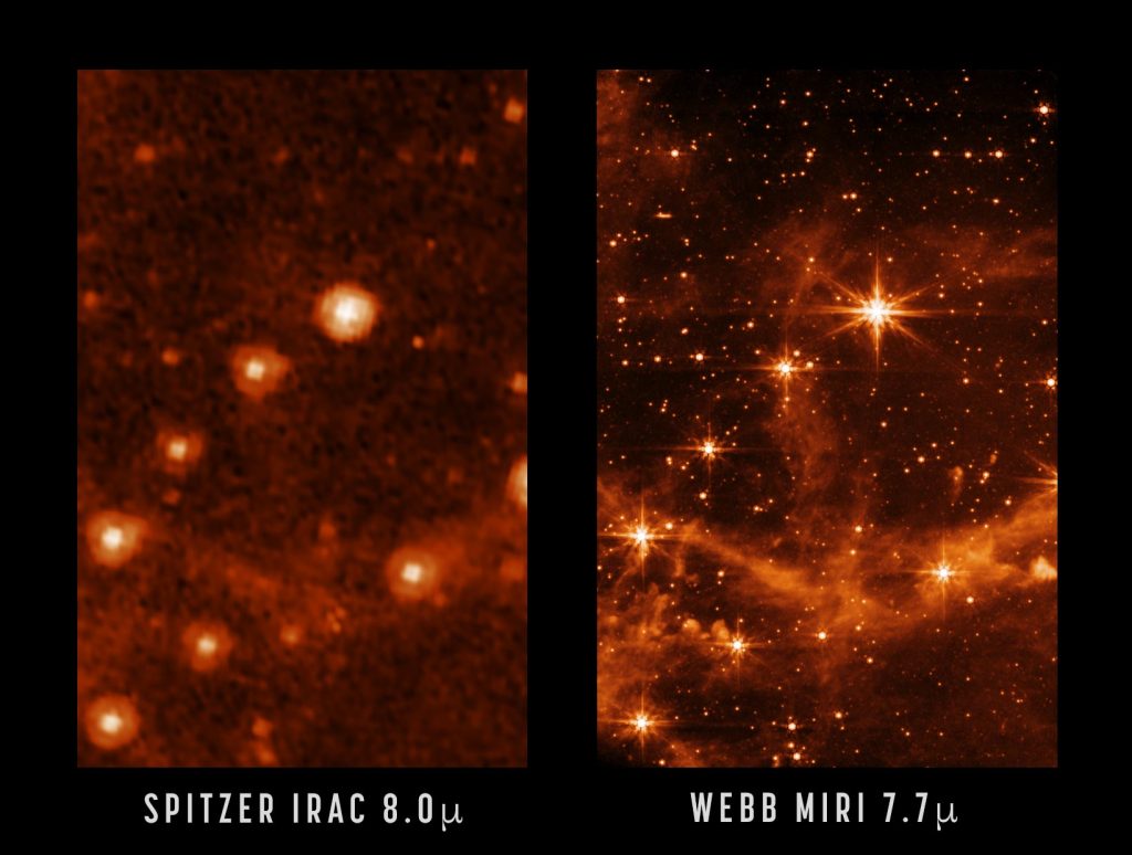 Webb MIRI and Spitzer Comparison Image