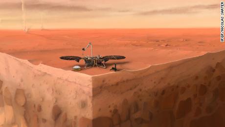 Илустрација приказује НАСА-ин лендер ИнСигхт који седи на површини Марса са слојевима испод површине планете.