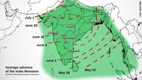 Ова графика показује када сезона монсуна обично почиње широм Индије.