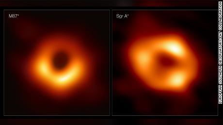 Ови панели приказују прве две слике црне рупе.  На левој страни је М87 *, а на десној је лук А *.