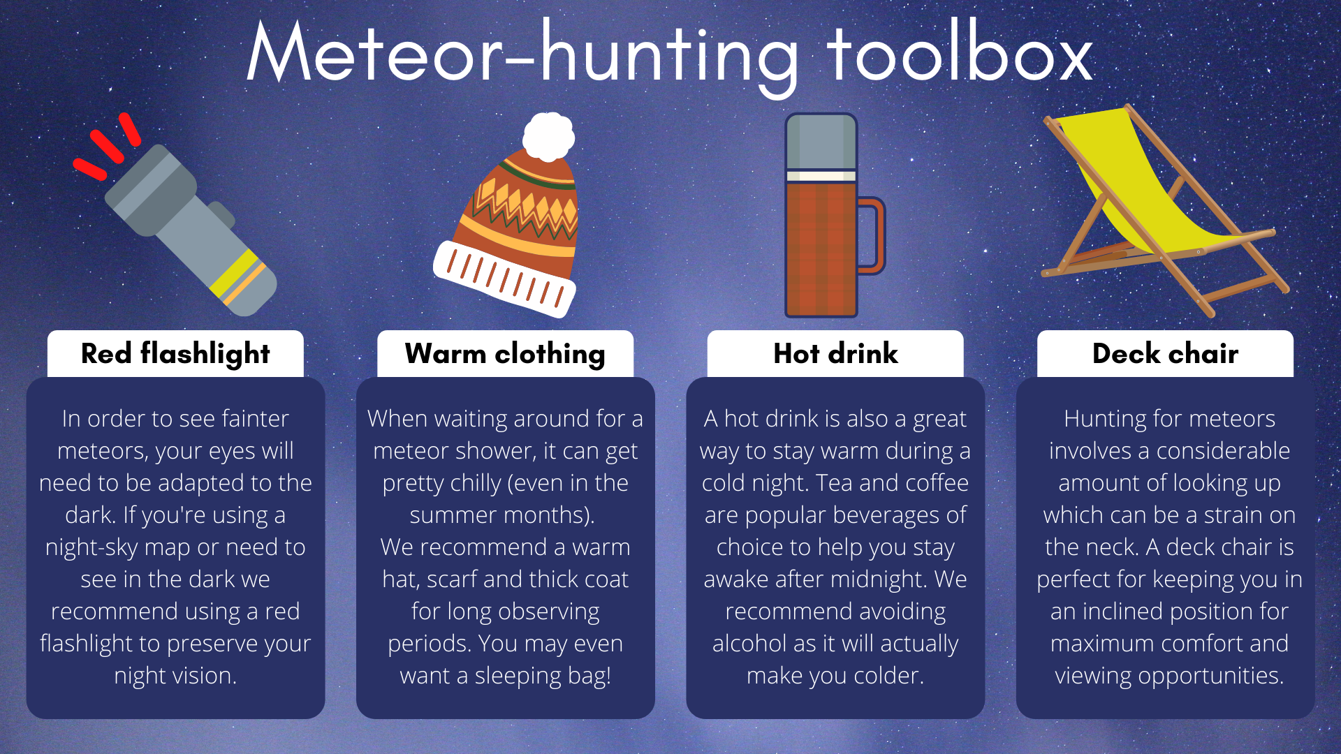 За савршено искуство лова на метеоре биће вам потребна референтна батеријска лампа, топла одећа, топли напитак и лепа лежаљка.