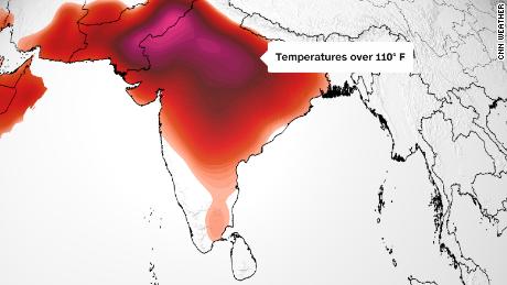 Мапа прогнозе показује да ће већина Индије издржати високе температуре у петак: преко 32°Ц/90°Ф (у нијансама наранџасте);  Преко 38°Ц/100°Ф (црвено);  или већа од 43°Ц/110°Ф (ружичаста).