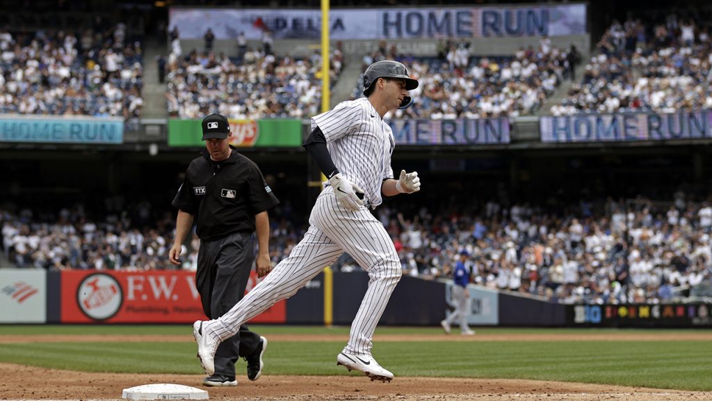 Kyle Higashioka rounds third base after hitting a home run against the Chicago Cubs during the third inning at Yankee Stadium on June 12, 2022, in New York City.
