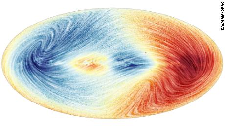 Подаци из Геје откривају брзину којом се више од 30 милиона звезда Млечног пута креће ка Земљи или од ње.  Плава приказује делове неба где је просечно кретање звезда према нама, док црвено показује области где је просечно кретање најудаљеније од нас. 