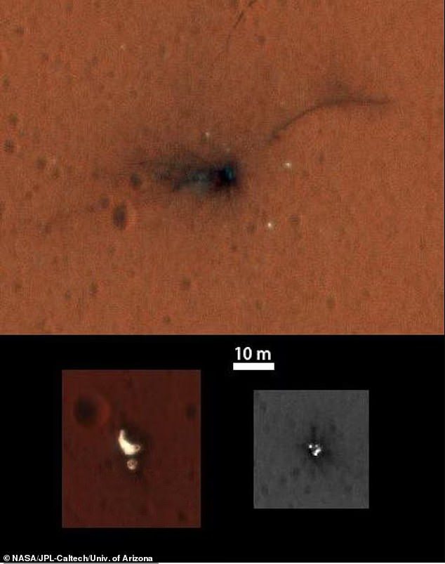 На површини Марса налази се укупно девет неактивних свемирских летелица, укључујући сонду Марс 3, сонду Марс 6, лендер Викинг 1, сонду Викинг 2, ровер Сојоурнер, сонду Сцхиапарелли Европске свемирске агенције (на слици), сонда Феникс, Спирит.  Ровер и Ровер Оппортунити
