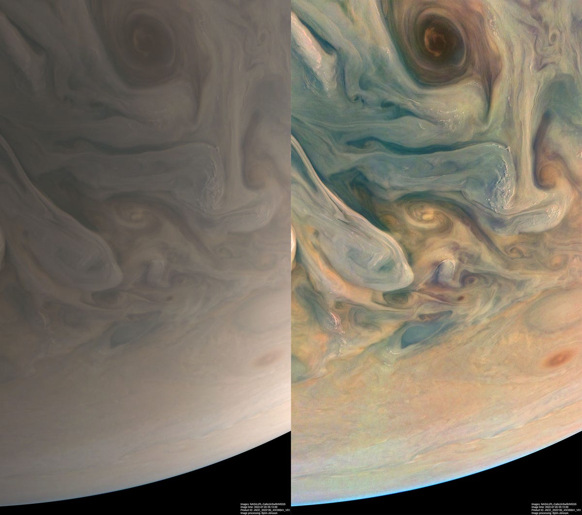 На левој страни је мека беж верзија Јупитера.  Десно је иста слика, осим нијанси плаве, наранџасте и жуте.
