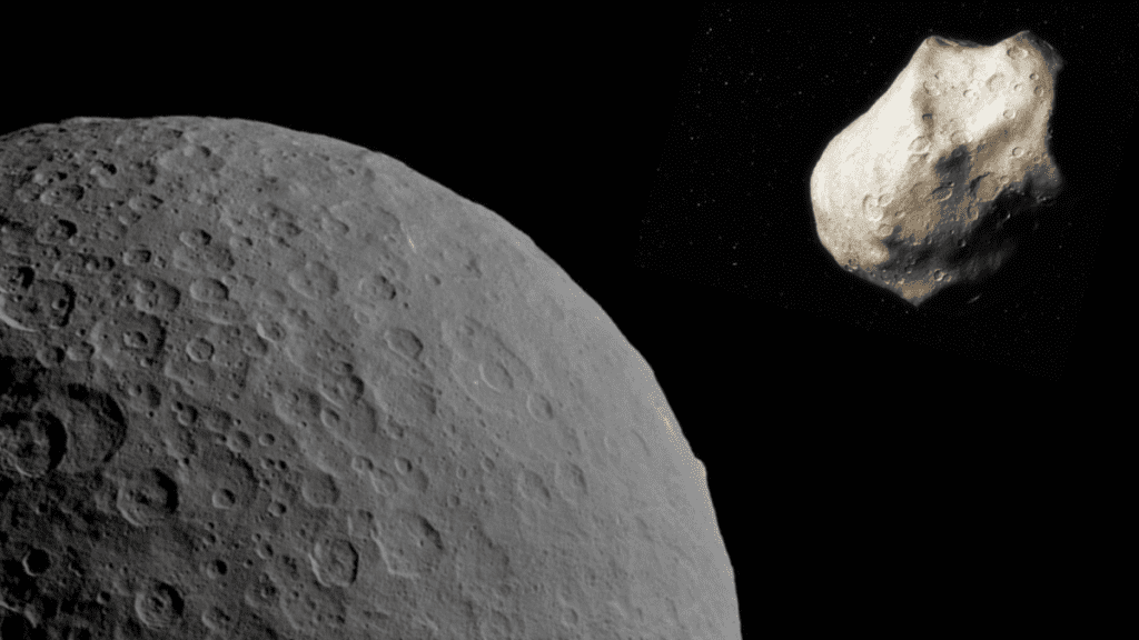 irregular rock approaching larger moon-like body