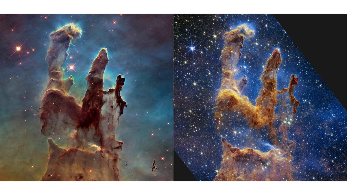 Стубови стварања како их виде Хабл телескоп (лево) и Веб телескоп (десно)