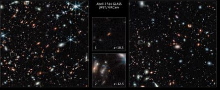 Два звездана поља са кутијама за позиционирање које приказују галаксије, са увећаним сликама самих галаксија које се могу превући у центру
