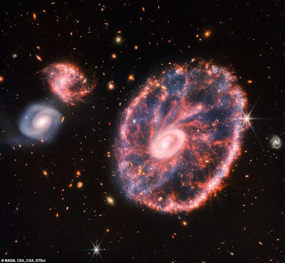 ЈВСТ је направио друге слике спиралних галаксија, са снимком који открива хаотичну галаксију Цартвхеел удаљену 489,2 милиона светлосних година од Земље.